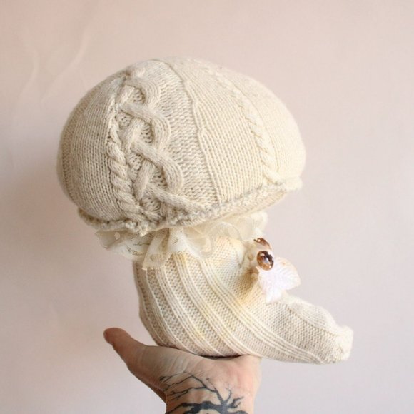 Knit Sweater Toadstool with Vintage Lace and Toadstools, Upcycled, Cottage - Picture 6 of 10
